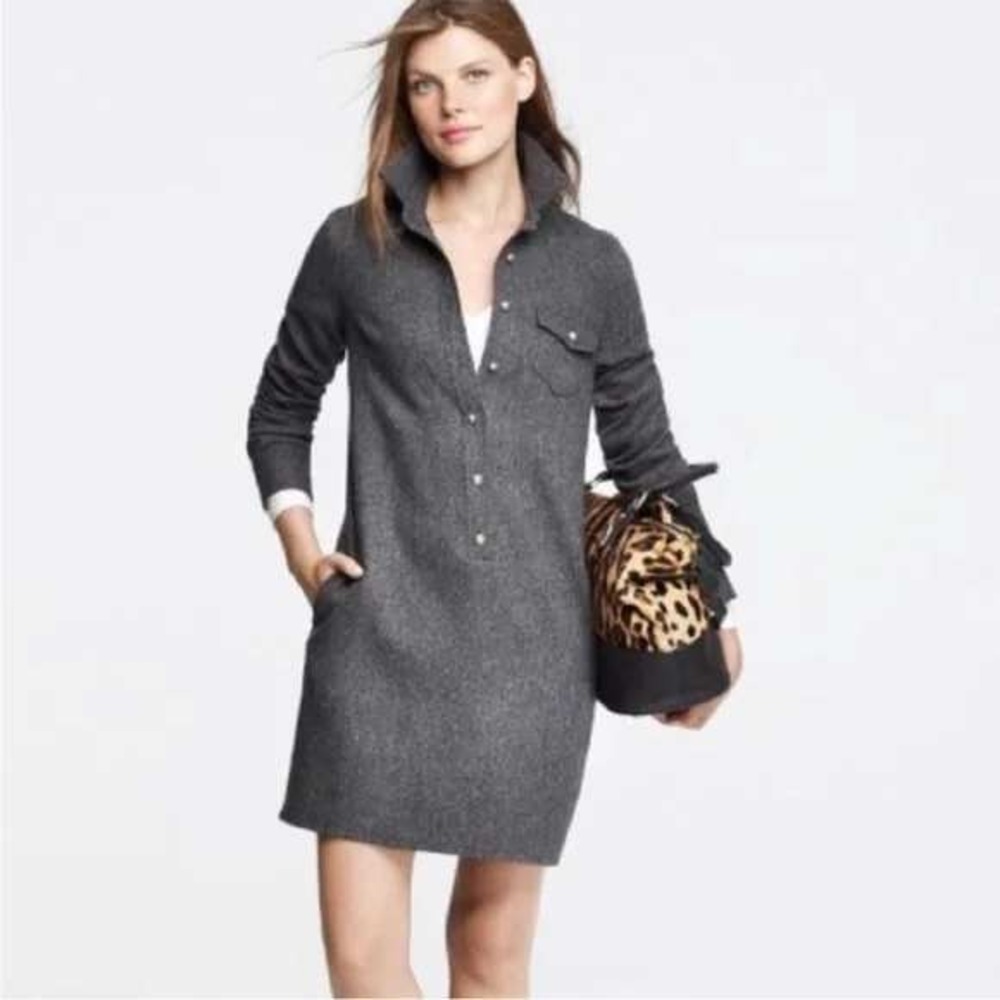 J. Crew‎ Herringbone Wool Shirt Dress Lined Brass Buttons Long Sleeve Size 4